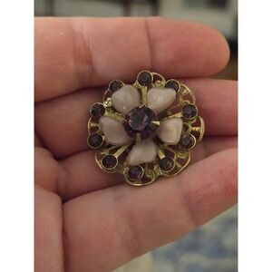 Purple Glass and Pearl-like Petals Brooch Vintage Goldtone